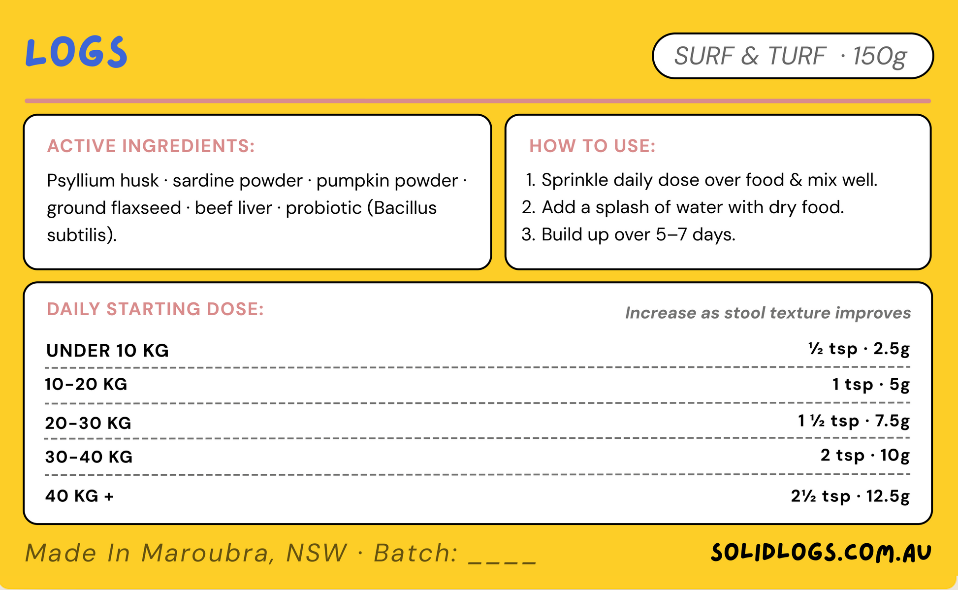 Solidogs product label for Surf & Turf with ingredients, use instructions, and branding details.