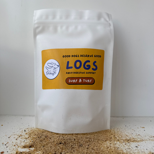 White packaging of 'LOGS' with a label on a white background